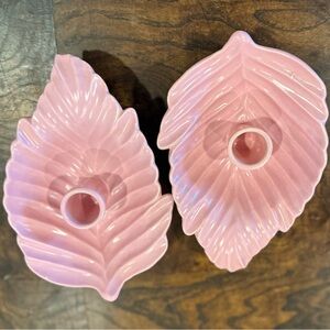 MCM Vintage Porcelain Pink Leaf-Shaped Candle Holders